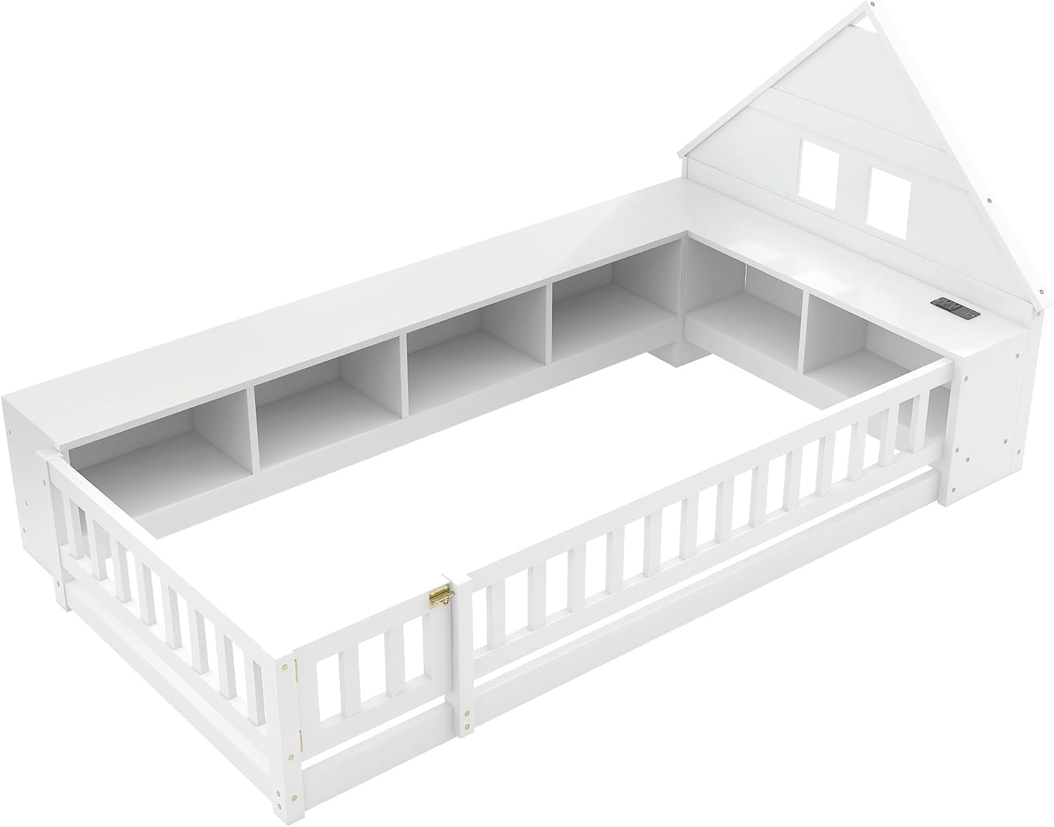Twin Size Floor Bed with House-Shaped Headboard, Guardrail and Cabinet (White)