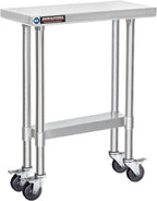 DuraSteel 30x12 NSF Stainless Steel Cart Work Table - Heavy Duty Rolling Food Prep Table - Metal Utility Cart on Wheels Caster, Grill Stand Microwave Outdoor Kitchen Tables Countertop Island Top Vevor