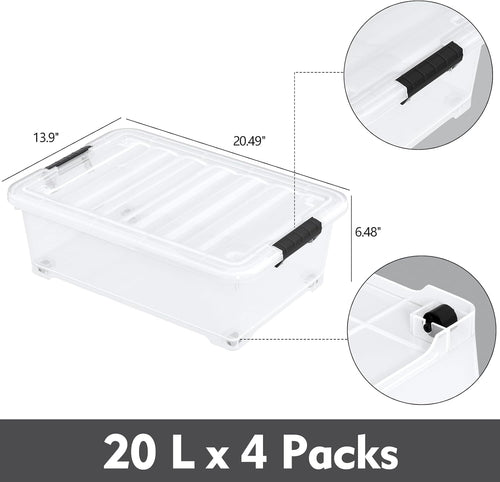 4 Packs 20 L Clear Plastic Underbed Storage Bins with Lids and Wheels, Plastic Storage Totes