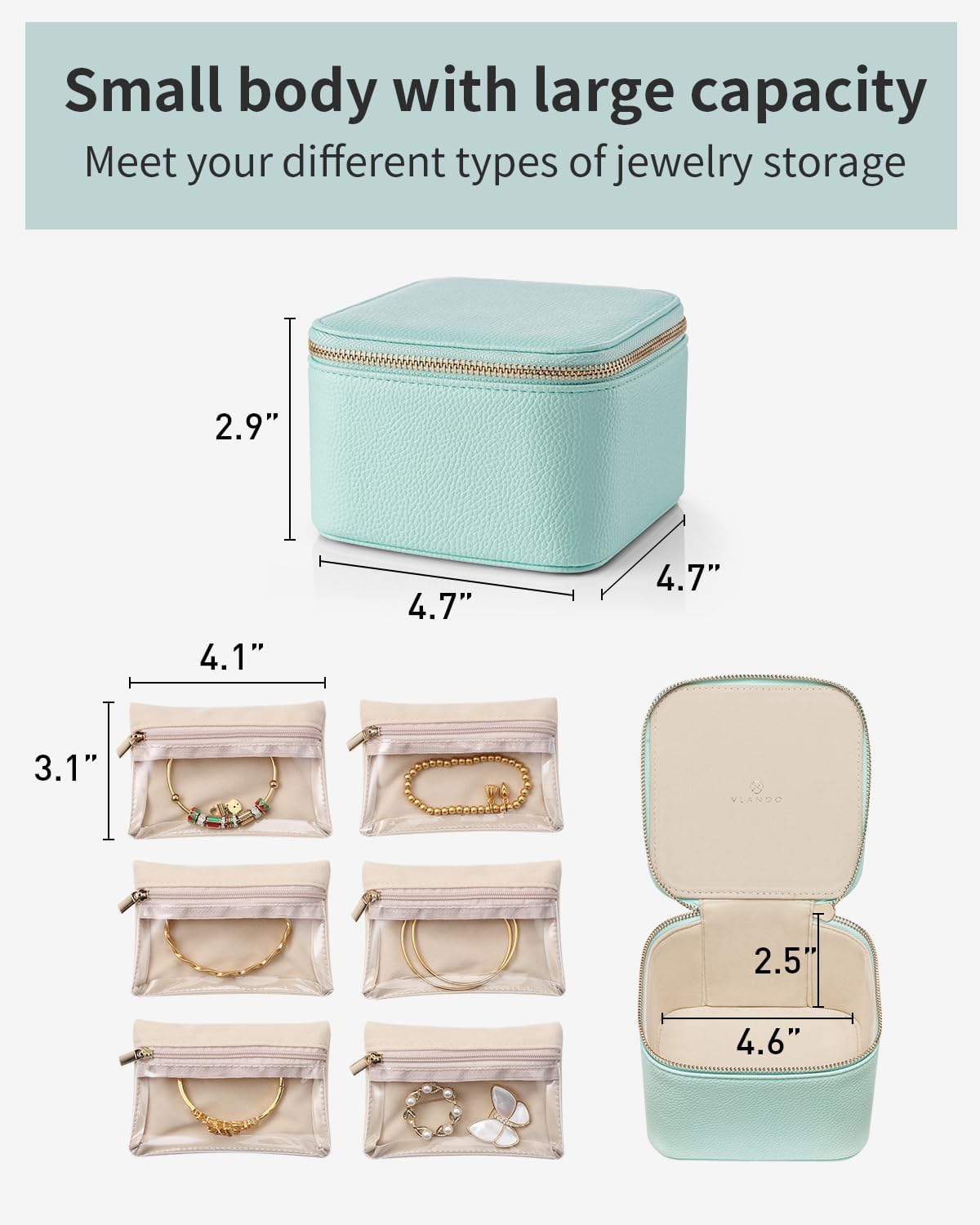 Vlando Travel Jewelry Box for Women Faux Leather Jewelry Box with 6 Velvet Jewelry Zipper Pockets Earrings Necklace Rings Storage Boxes Christmas Gift for Mom Wife(Lake Blue)