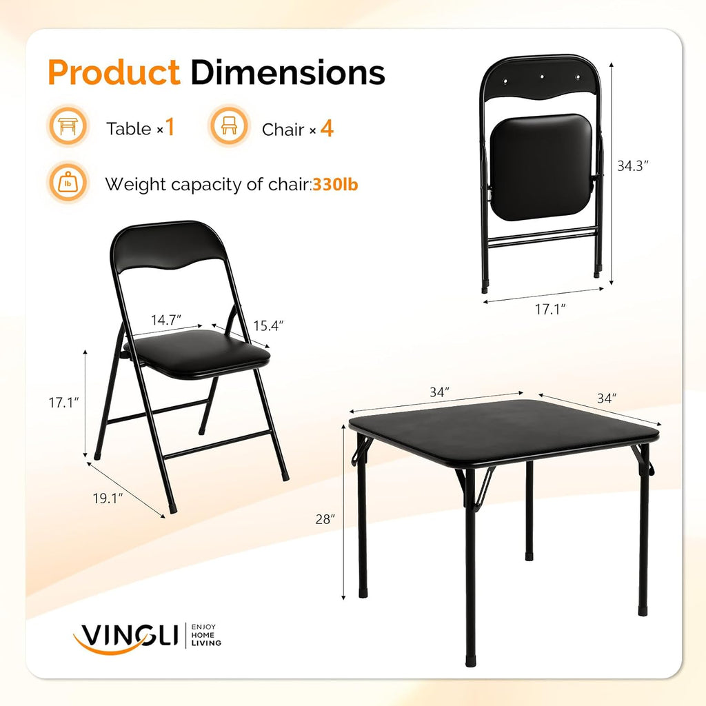 VINGLI 5-Piece Padded Folding Card Table and Chairs Set, Black