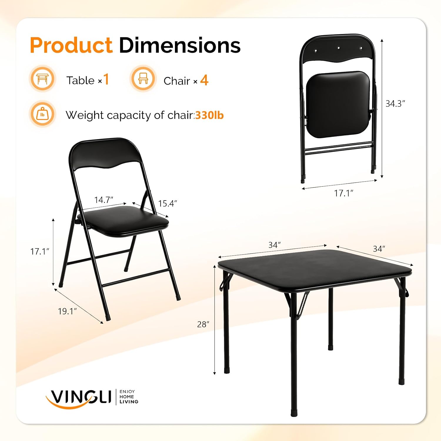 VINGLI 5-Piece Padded Folding Card Table and Chairs Set, Black