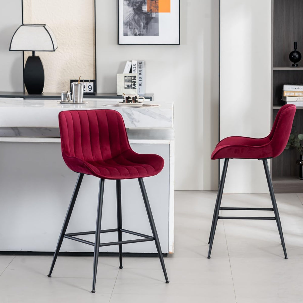 Bar Stools Set of 2 with Velvet Upholstery, Burgundy | Luxury Counter Height ...