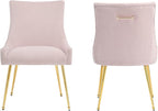 Velvet Dining Chairs Set of 2, Modern Upholstered Kitchen Chair with Pull Handle & Pleated Back, Mid Century Accent Chair with Gold Metal Legs for Vanity,Dining,Kitchen,Living Room, Pink