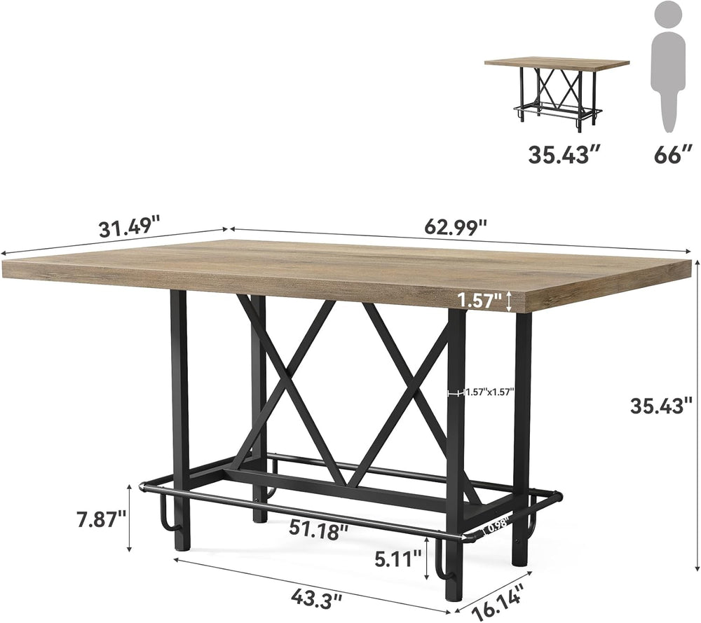 LITTLE TREE 63-Inch Industrial Bar Table with Metal Footrest, Counter Height ...