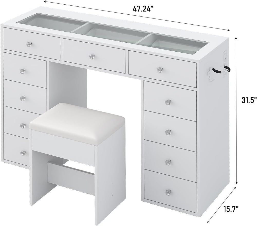 Yanosaku 47" Vanity Desk Without Mirror, Glass Top Makeup Vanity with 11...