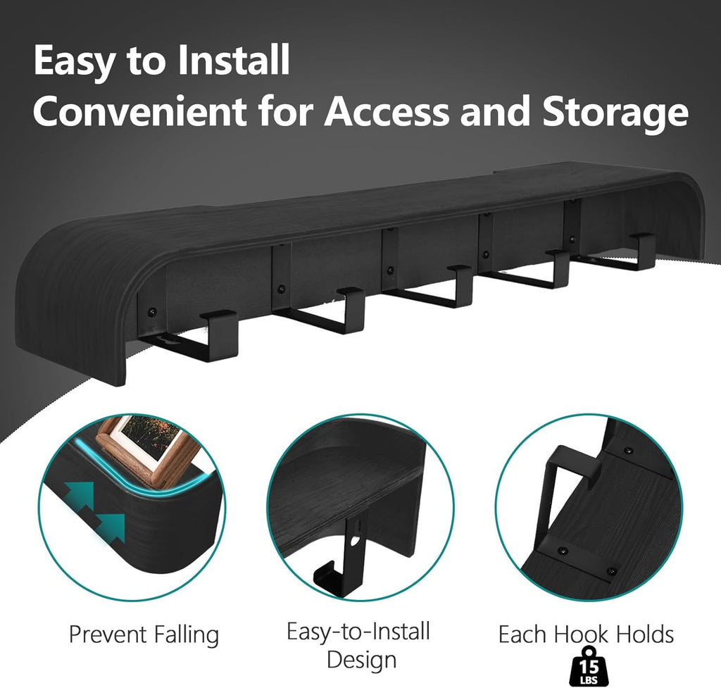 Coat Rack Wall Mount with Hidden Hooks Modern Key Holder Wood Entryway Hook with Shelf for Bedroom Kitchen Hallway Bathroom Designed for Hanging Coats Hats Bags Towels Dog Leashe(Black,5 Hooks)