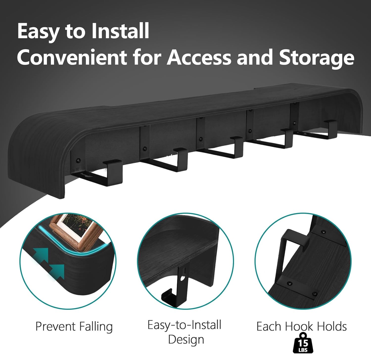 Coat Rack Wall Mount with Hidden Hooks Modern Key Holder Wood Entryway Hook with Shelf for Bedroom Kitchen Hallway Bathroom Designed for Hanging Coats Hats Bags Towels Dog Leashe(Black,5 Hooks)