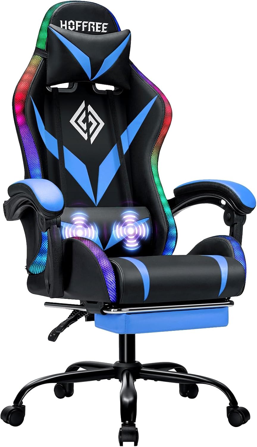 RGB Gaming Chair with LED Lights Massage Ergonomic Game Chairs for Adults High Back Reclining Computer Chair with Footrest Video Game Chair Lumbar Support Racing Style Gamer Chair Blue and Black