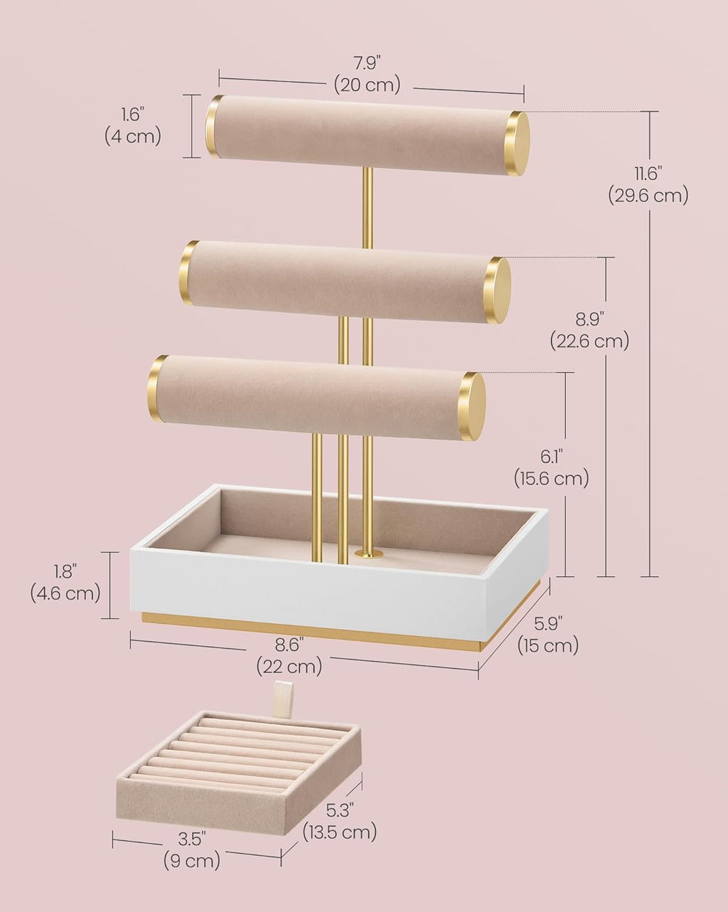 SONGMICS Bracelet Holder Stand, Jewelry Display Stand, Jewelry Organizer, with 3 Tiers and Velvet Tray, Removable Ring Holder, Christmas Gift, Cloud White and Camel Brown UJJS027A01