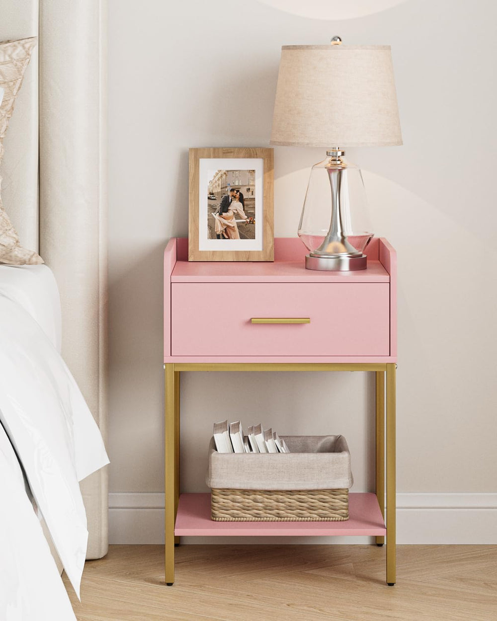 Nightstand, Modern Bedside Table with Drawer and Legs,Pink and Gold Night Sta...