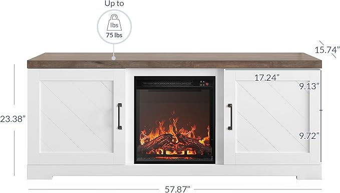 BELLEZE Modern 58" Farmhouse TV Stand with 18" Electric Fireplace Heater & Media Entertainment Center for TV up to 65", Console Table with Storage Cabinets - Hilo (White)