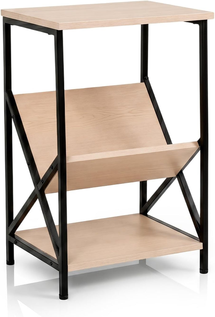Tangkula Industrial Side Table, 3-Tier Accent End Table with Small Book Record Shelve, Metal Frame, Scratch-Resistant Top, Small Bookcase, Record Player Stand for Living Room, Bedroom (2, Beech)