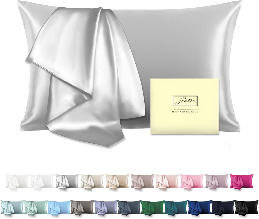 Natural Mulberry Silk Pillowcase for Hair and Skin Standard Size 20"X 26" with Hidden Zipper Soft Breathable Smooth Cooling Silk Pillow Covers(Silver Grey,Standard,1Pcs)