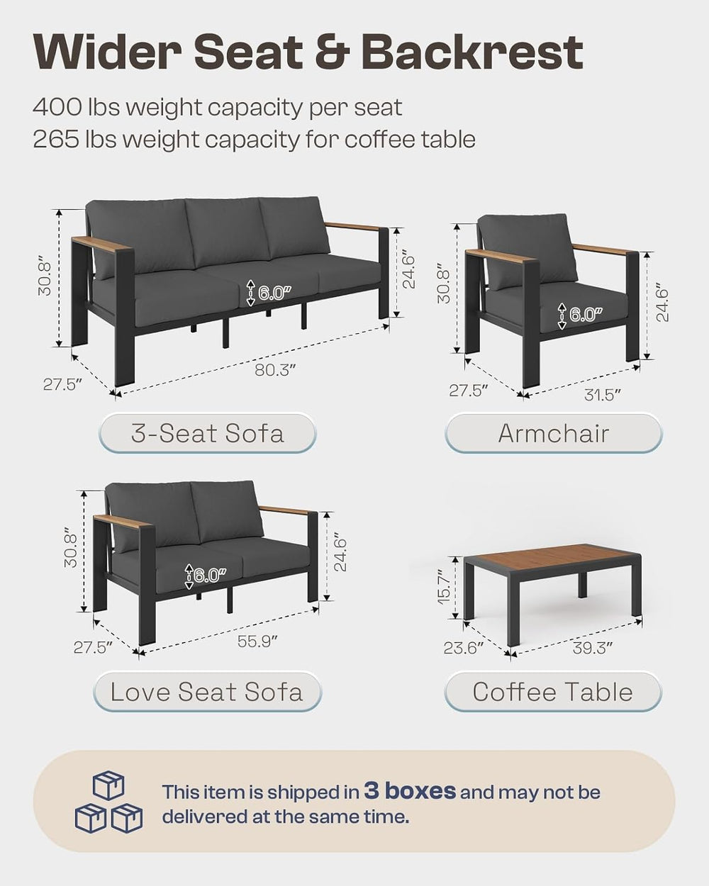 Aluminum Outdoor Patio Furniture Set with Coffee Table, 4 Piece Patio Convers...