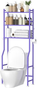 3-Tier Over The Toilet Storage, Space Saver Metal Bathroom Shelves, Freestanding Above Over Toilet Storage Shelf with 4 Hooks for Bathroom, Purple
