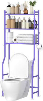 3-Tier Over The Toilet Storage, Space Saver Metal Bathroom Shelves, Freestanding Above Over Toilet Storage Shelf with 4 Hooks for Bathroom, Purple