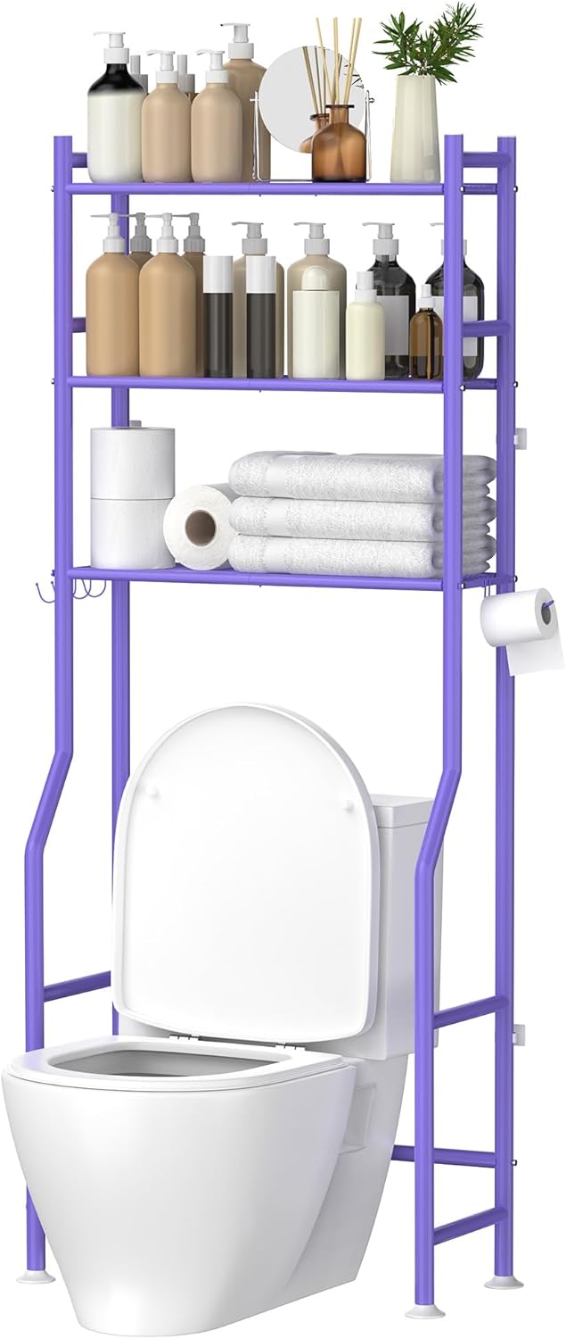 3-Tier Over The Toilet Storage, Space Saver Metal Bathroom Shelves, Freestanding Above Over Toilet Storage Shelf with 4 Hooks for Bathroom, Purple