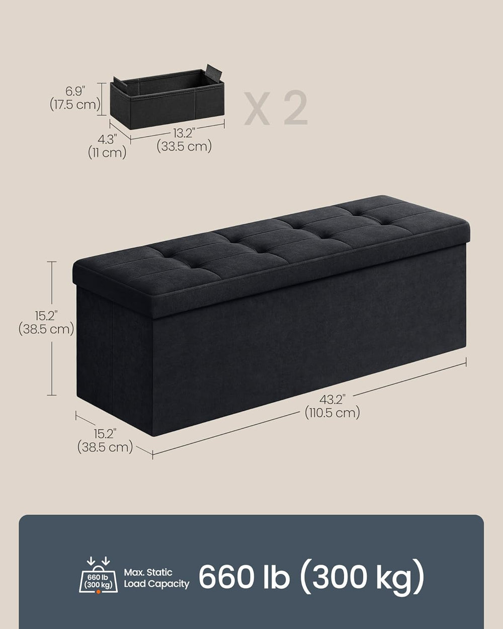 SONGMICS HOME Ottoman with Storage, Removable Lid, Folding Storage Chest, Eas...