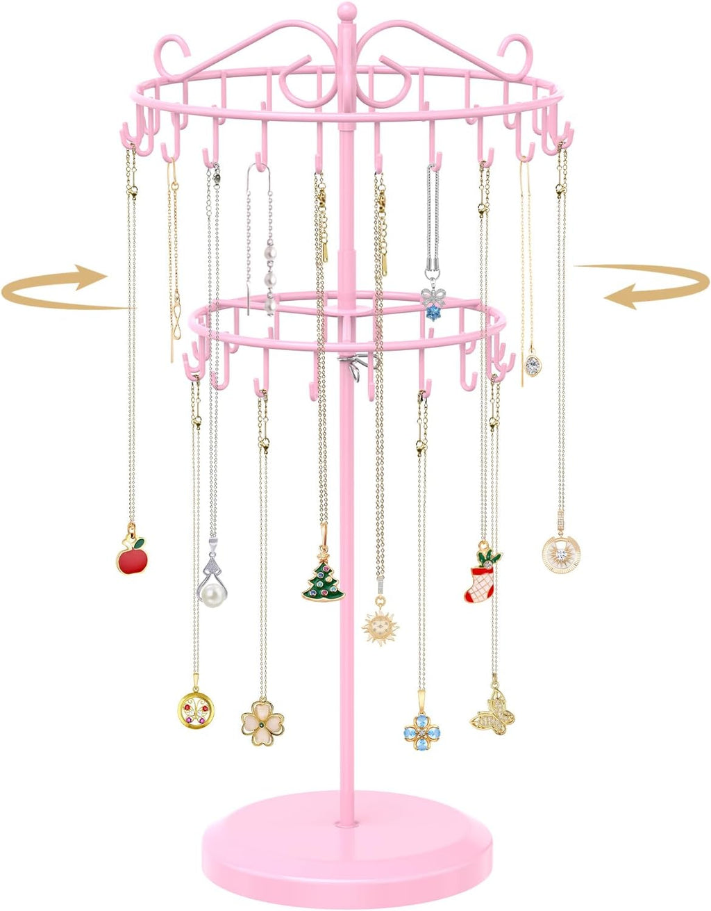 MODOWEY Rotating Necklace Holder Organizer Display Stand with 42 Hooks, 2 Tier Adjustable Metal Tree for Long Necklace Hanger Selling, Tall Spinning Bracelet Storage Rack for Men Women, Pink