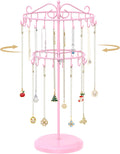 MODOWEY Rotating Necklace Holder Organizer Display Stand with 42 Hooks, 2 Tier Adjustable Metal Tree for Long Necklace Hanger Selling, Tall Spinning Bracelet Storage Rack for Men Women, Pink