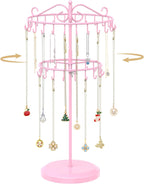 MODOWEY Rotating Necklace Holder Organizer Display Stand with 42 Hooks, 2 Tier Adjustable Metal Tree for Long Necklace Hanger Selling, Tall Spinning Bracelet Storage Rack for Men Women, Pink