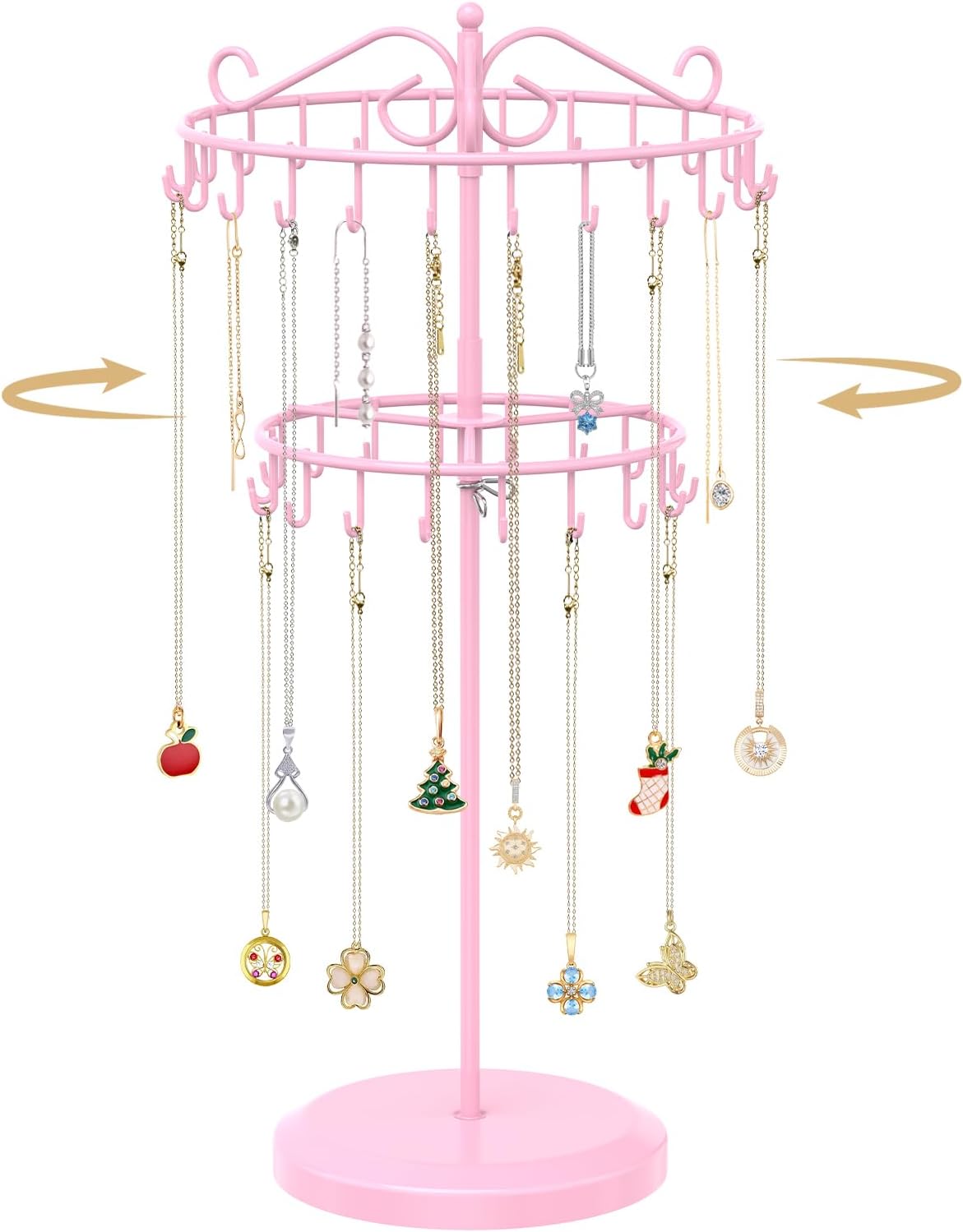 MODOWEY Rotating Necklace Holder Organizer Display Stand with 42 Hooks, 2 Tier Adjustable Metal Tree for Long Necklace Hanger Selling, Tall Spinning Bracelet Storage Rack for Men Women, Pink