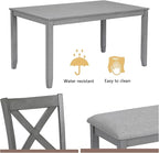 Dining Table Set, 6-Piece Kitchen Table & Chair Set with Rectangular Dining Table, 4 Upholstered X-Shaped Backrest Chairs and a Bench, Wooden Dining Table Set for 6 People, Gray