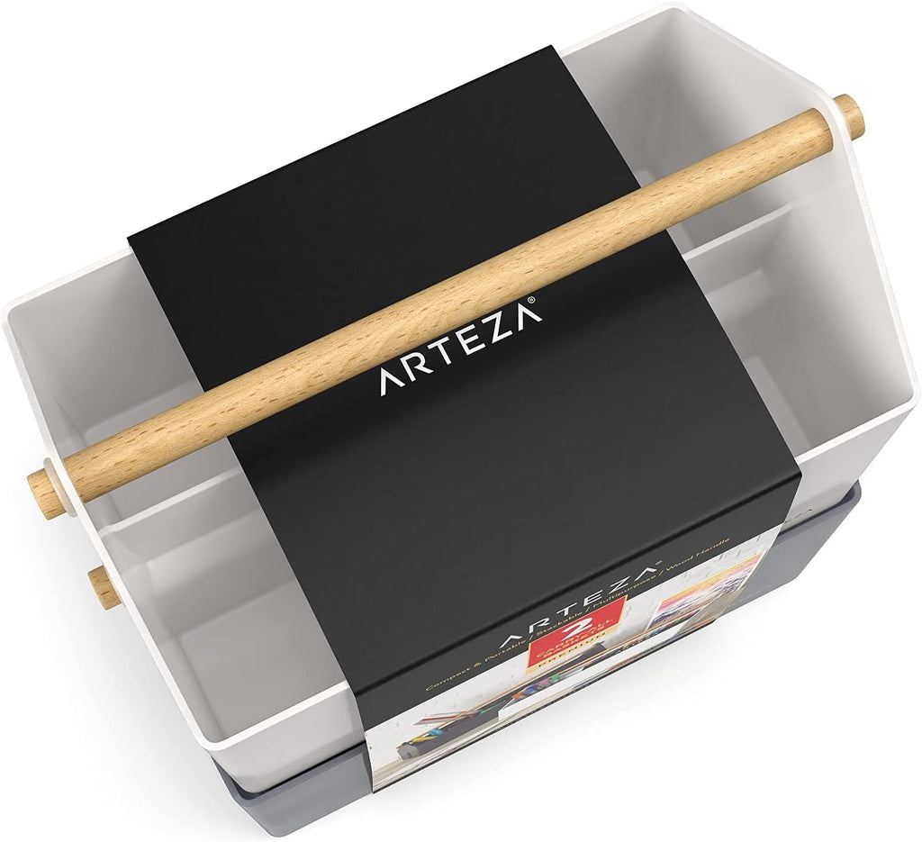 ARTEZA Plastic Portable Craft Storage Organizer, Pack of 2, Gray and Ivory, 3-Sectioned Plastic Basket with Handle, Caddy Organizer