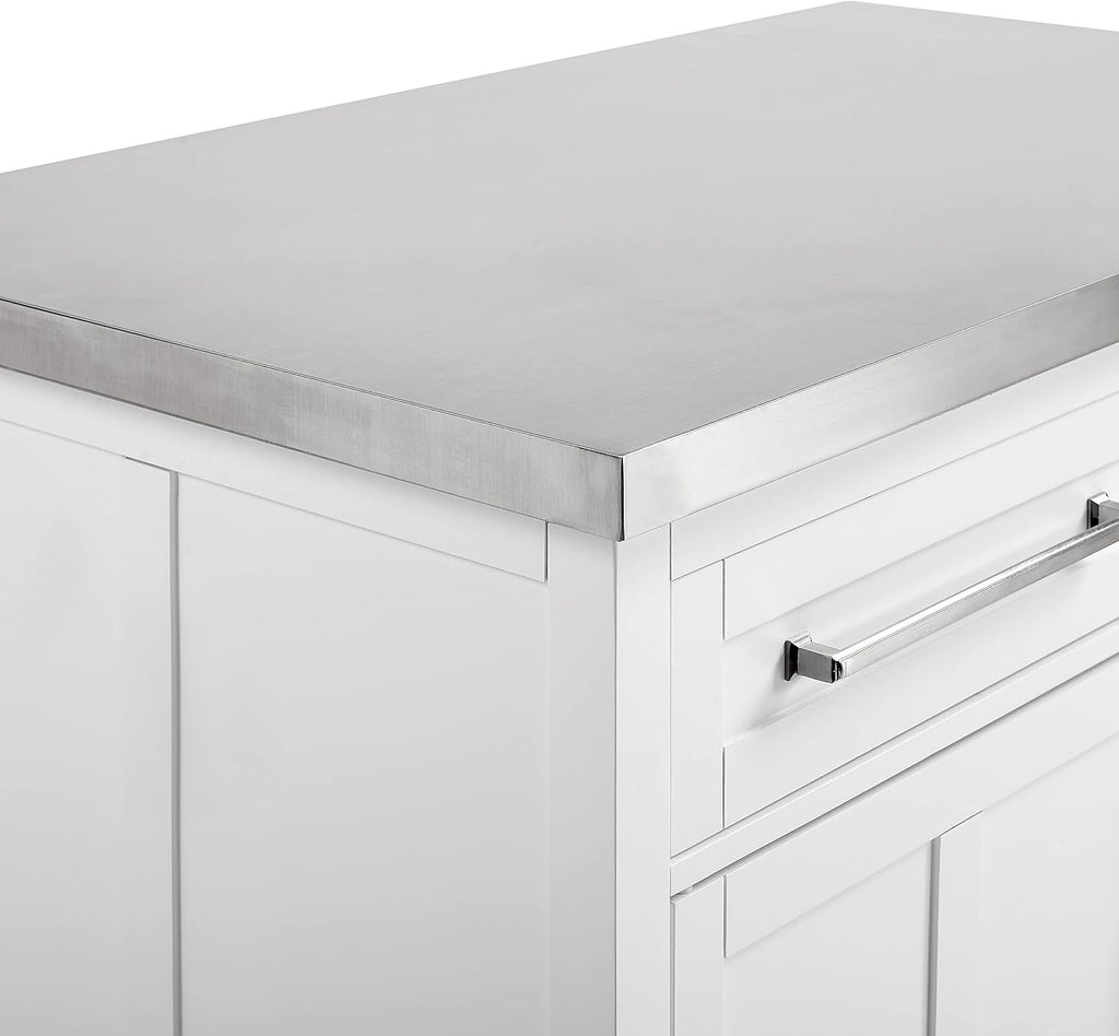 Crosley Furniture Silvia Stainless Steel Top Kitchen Island, Microwave Stand, Coffee Bar, with Shelves, White
