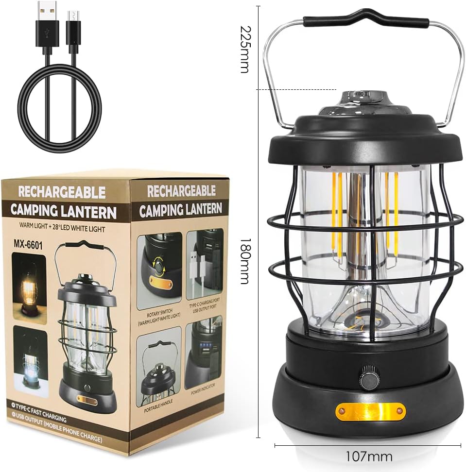 Retro Camping Lantern Rechargeable 1500LM 2 Modes Dimmable,Portable Electric ...