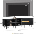86.6" TV Stand with Power Outlet, Mid-Century Modern Television Stand, Fluted Media Console with Sliding Doors, Entertainment Center for TVs up to 90 Inch, Adjustable Shelves, Black