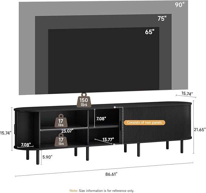 86.6" TV Stand with Power Outlet, Mid-Century Modern Television Stand, Fluted Media Console with Sliding Doors, Entertainment Center for TVs up to 90 Inch, Adjustable Shelves, Black