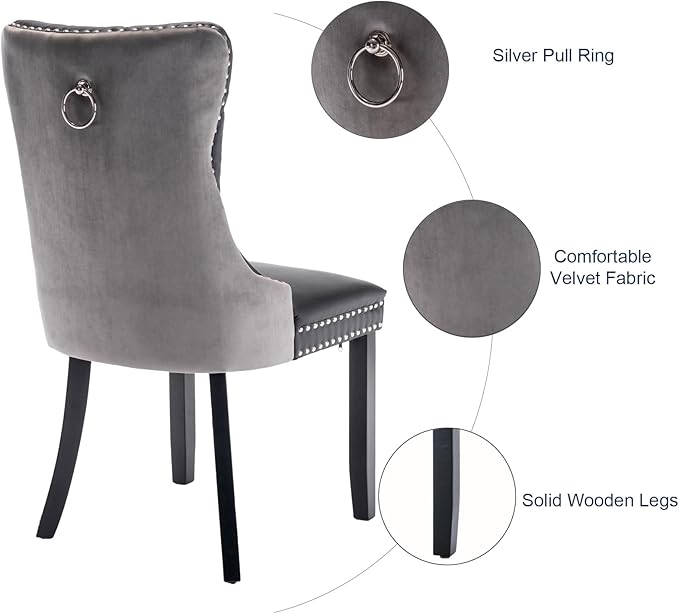 Dining Room Chairs Set of 4, Upholstered Tufted Dining Chairs with High Back, Nailhead Trim and Solid Wood Legs, Modern Dining Chairs for Dining Room, Black Pu Leather Splicing Grey Velvet