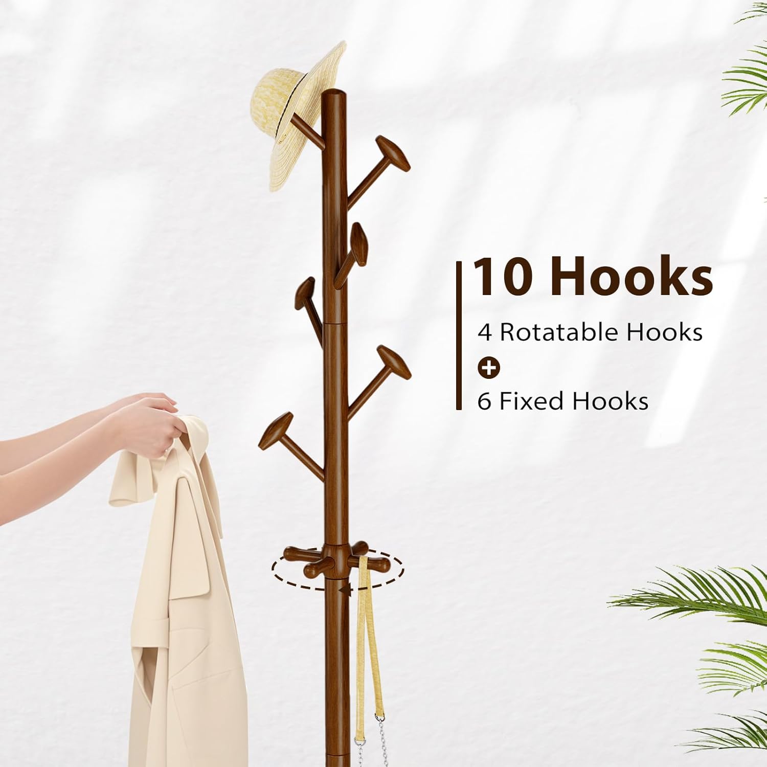 Taitiy Solid Wood Coat Rack Freestanding Coat Tree with 10 Hooks for Bedroom, Livingroom, Entryway, Sturdy Coat Hanger Stand for Hats, Coats, Scarves, Handbags, Purses