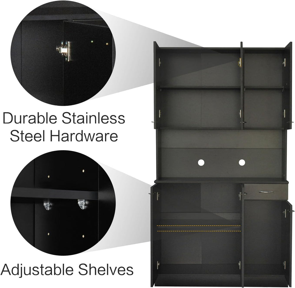 71" Black Kitchen Pantry Cabinets with Microwave Stand, 6 Doors & 3 ...