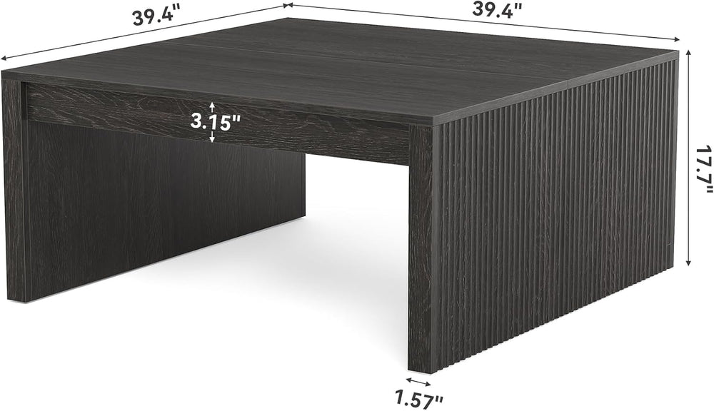 LITTLE TREE 39.4" Square Fluted Coffee Table, Mid-Century Modern Black C...
