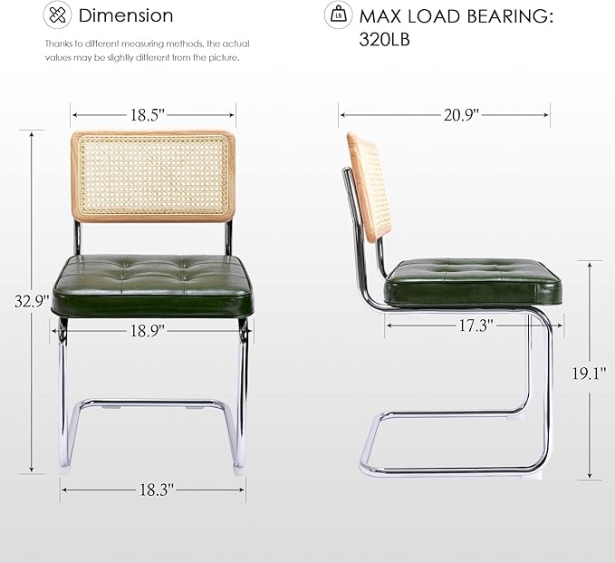Zesthouse Natural Rattan Dining Chairs Set of 4, Modern Dining Room Chairs with Solid Wood Back for Kitchen Living Room, Mid Century Breuer Design Inspired, Upholstered Faux Leather Green