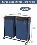 StorageWorks 390L Extra Large Lanudry Hamper with Wheels, Laundry Basket with Wheels 2 Sections, Clothes Sorter Cart with Divider for Hotel, Home, Blue, 1-Pack