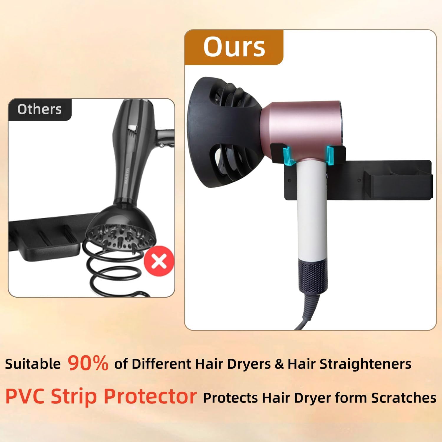 Hair Dryer and Straightener Holder, Upgraded Hair Straightener Holder with Cable Hook, Stainless Steel Universal Hairdryer Holder Wall Mounted Waterproof for Bathroom Space-Saving Black PTALSEAW