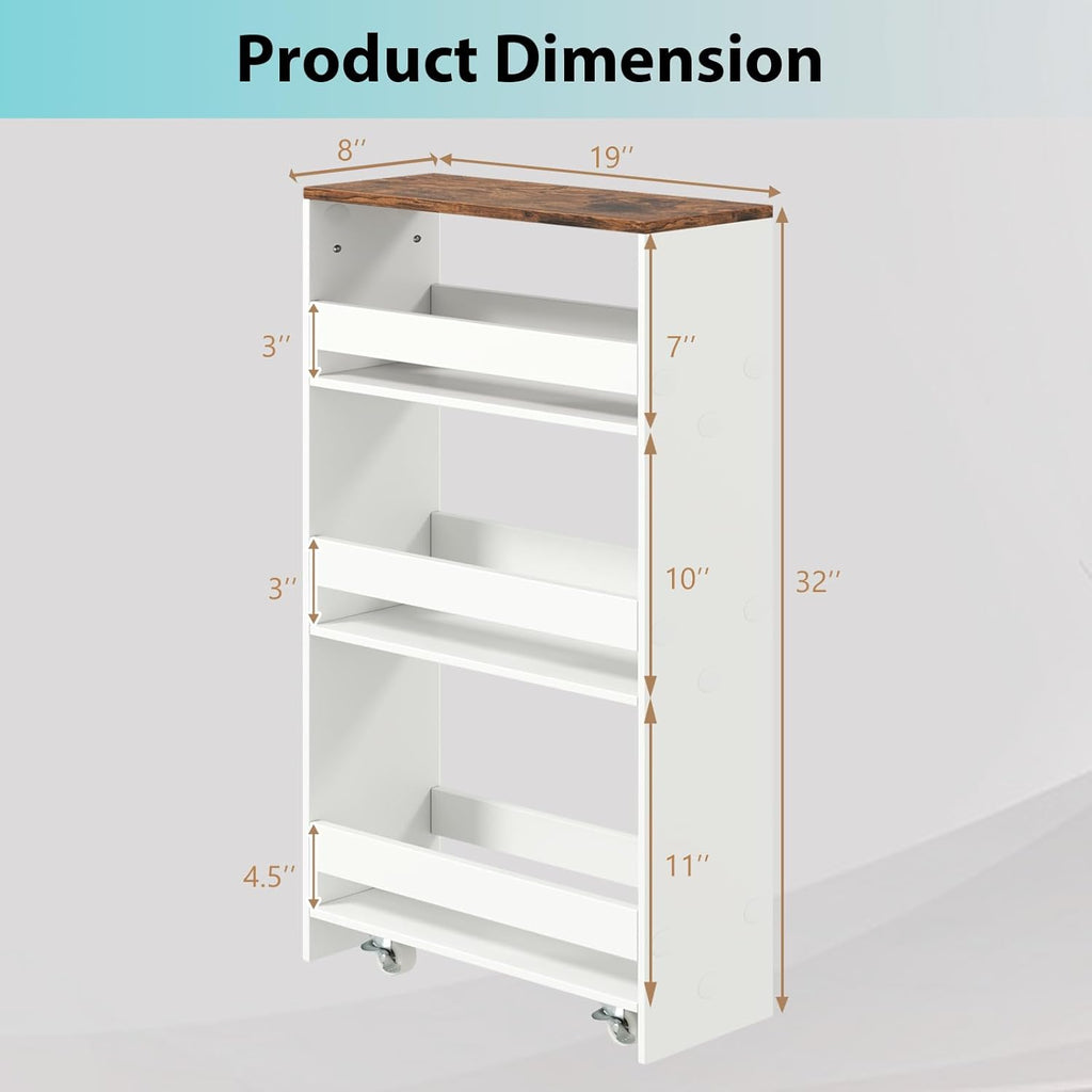 POWERSTONE 4-Tier Slim Storage Cart, Narrow Kitchen Rolling Cart w/Handle & Open Shelves, Skinny Slide Out Utility Organizer Trolley for Kitchen Bathroom Laundry Small Spaces White & Rustic Brown