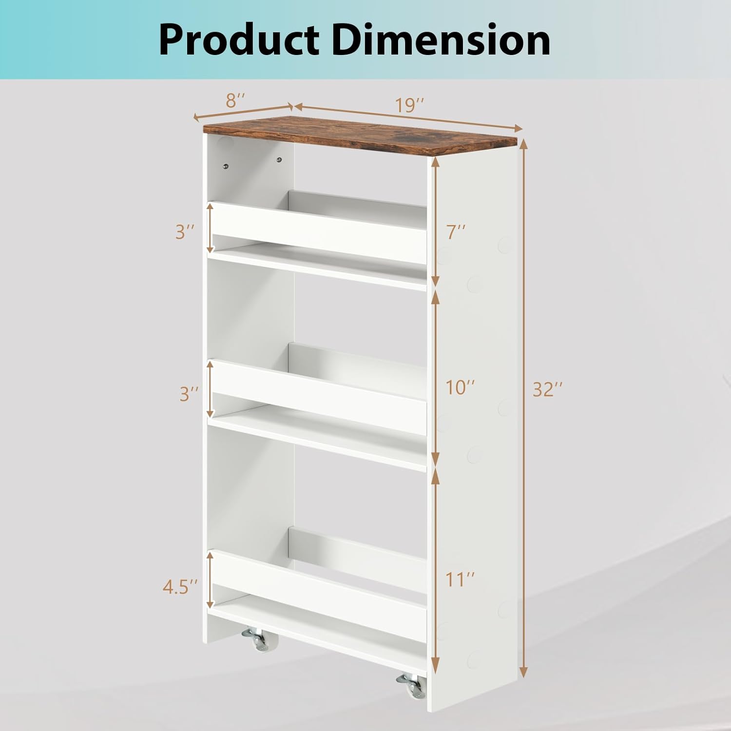 POWERSTONE 4-Tier Slim Storage Cart, Narrow Kitchen Rolling Cart w/Handle & Open Shelves, Skinny Slide Out Utility Organizer Trolley for Kitchen Bathroom Laundry Small Spaces White & Rustic Brown