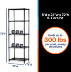 Shelving Inc. 8" d x 24" w x 72" h Black Wire Shelving with 5 Tier Shelves, Weight Capacity 300lbs Per Shelf