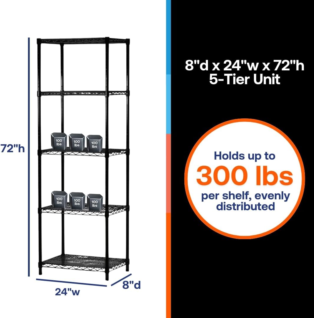 Shelving Inc. 8" d x 24" w x 72" h Black Wire Shelving with 5 Tier Shelves, Weight Capacity 300lbs Per Shelf