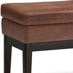 SIMPLIHOME Carlson Ottoman Bench in Distressed Saddle Solid Hardwood Frame with Vegan Faux Leather Upholstery, Vintage-Inspired Seating for Living Room, 44.5" Wide, Brown