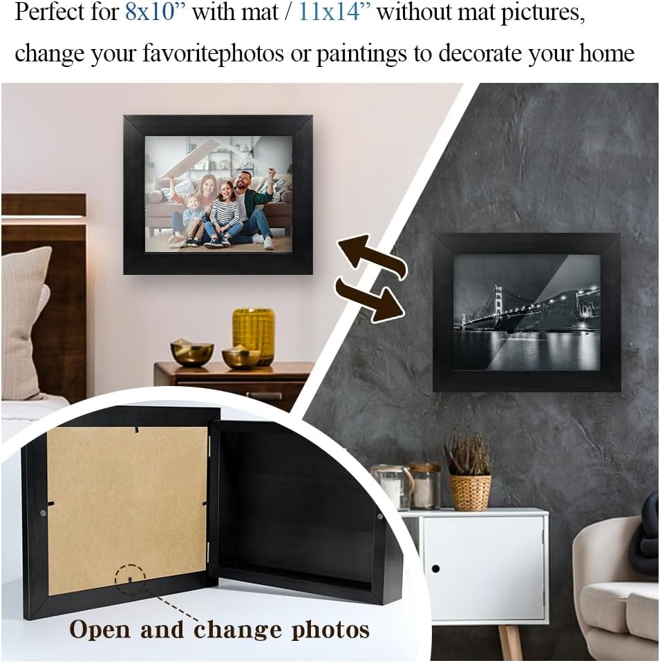 Hidden Gun Storage - Gun Safe Pistol Storage, 11"x14" Matted to 8"x10" Concealment Furniture Secret Decor Solid Wooden Handgun Picture Frames Box