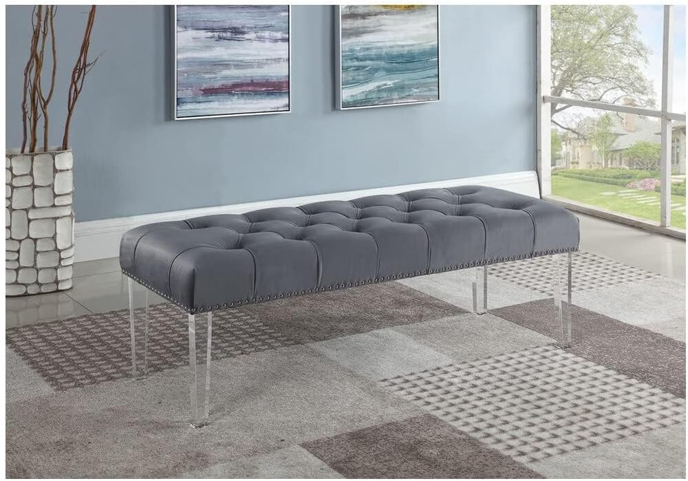Yafelle 48” Velvet Upholstered Glam Bench with Button Tufted Seat, Silver Nai...