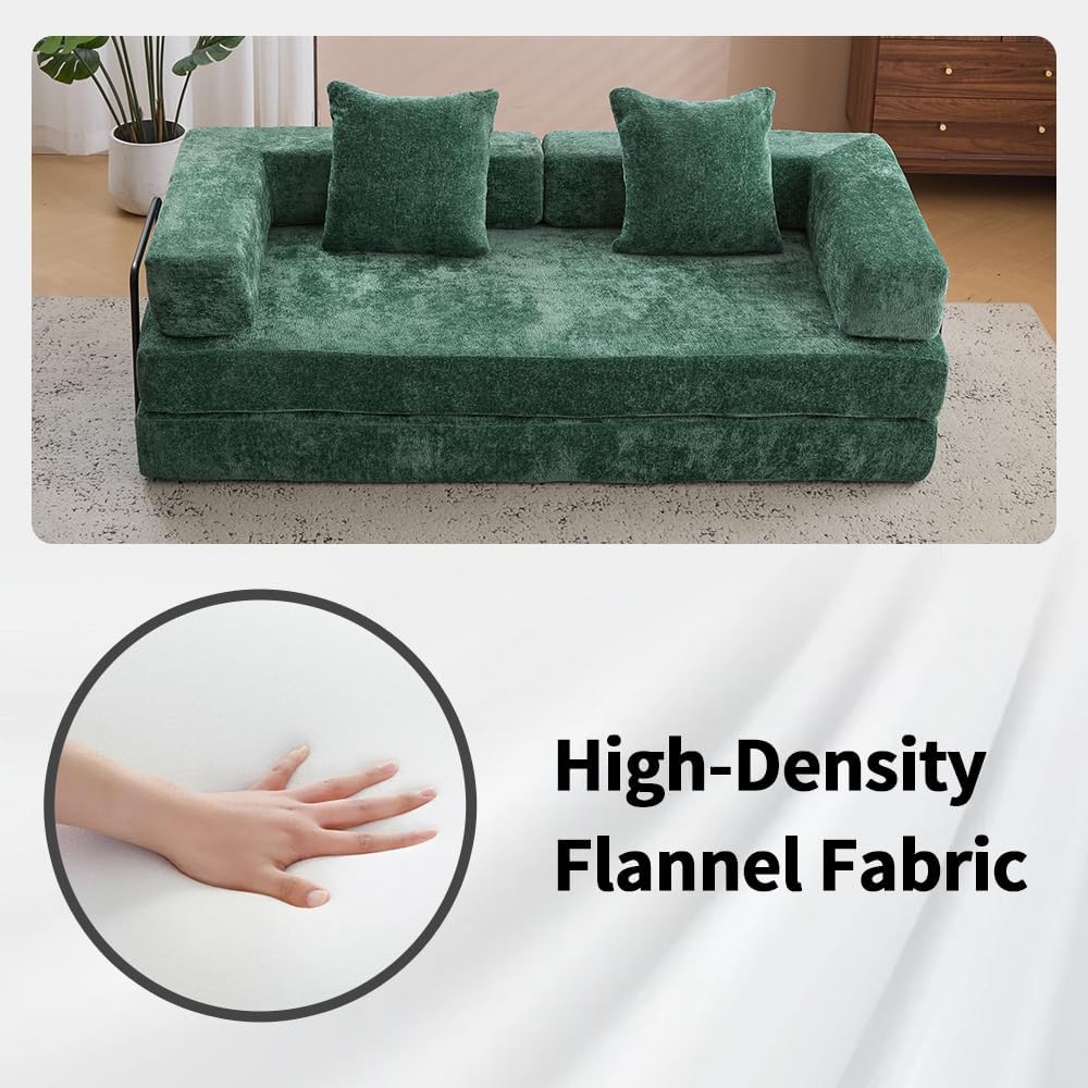 ZEIINPA Convertible Floor Sofa Bed with Fixed-Shape Frame, Modular Chenille Folding Mattress Couch with Armrest, Floor Sofa Lounge Couch for Living Room Bedroom Lounge Studio, Dark Green