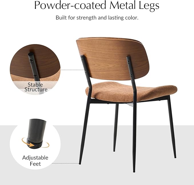 HULALA HOME Dining Chairs Set of 6 Mid-Century Modern Upholstered Kitchen Dining Room Chairs with Wood Curved Backrest, Black Metal Legs Fabric Dinner Chair for Living Room Cafe Restaurant Camel