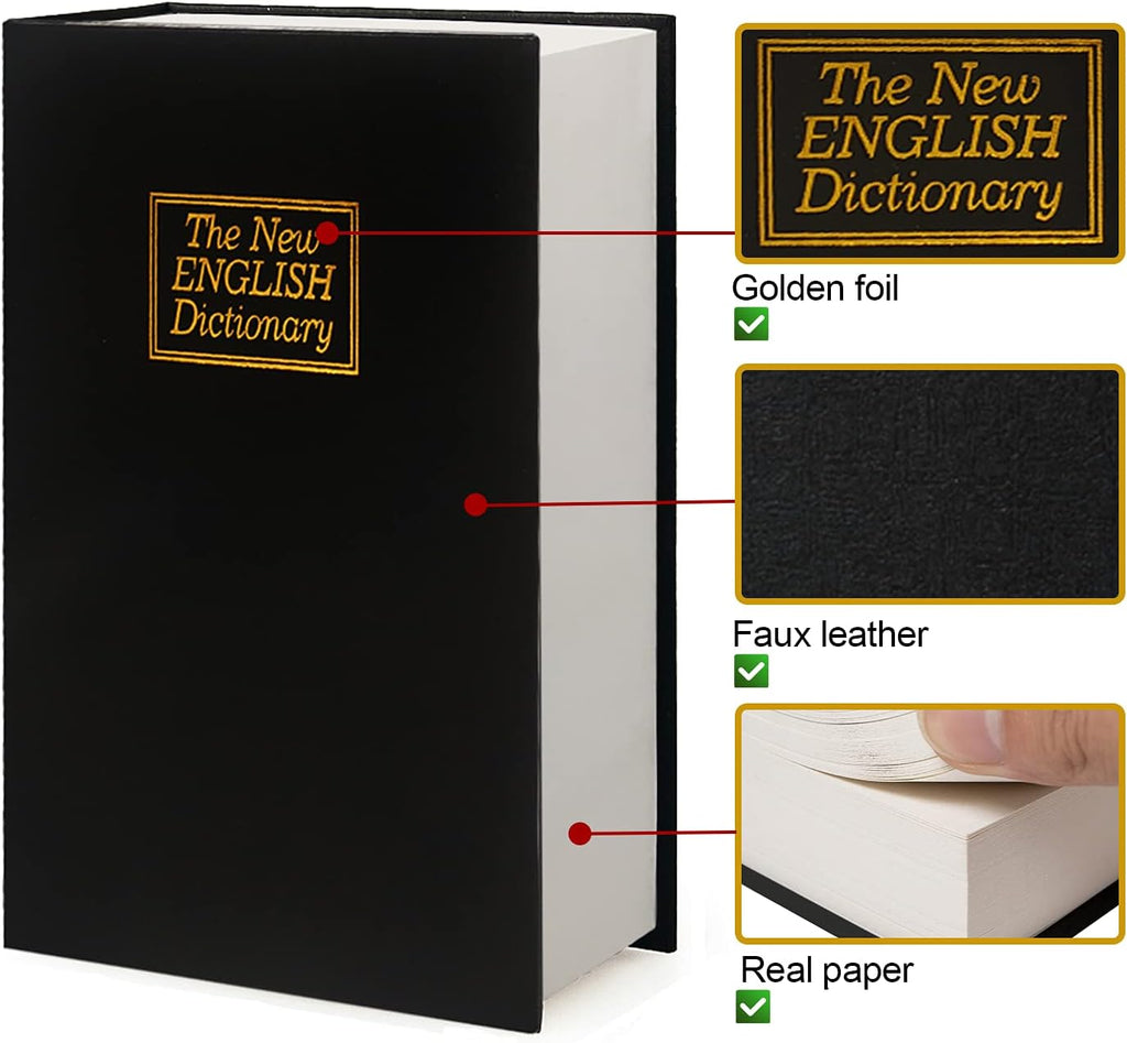 Leather Book Safe (Size 10.79"×7.72"×1.97") Real Paper Secret for Jewelry, Money and Cash, Diversion Book Safe,Hollow with Hidden, Combination Lock (L, Black-Combination)